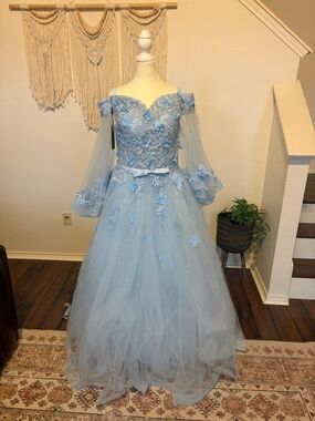 Light Blue Off-Shoulder Tulle Ball Gown